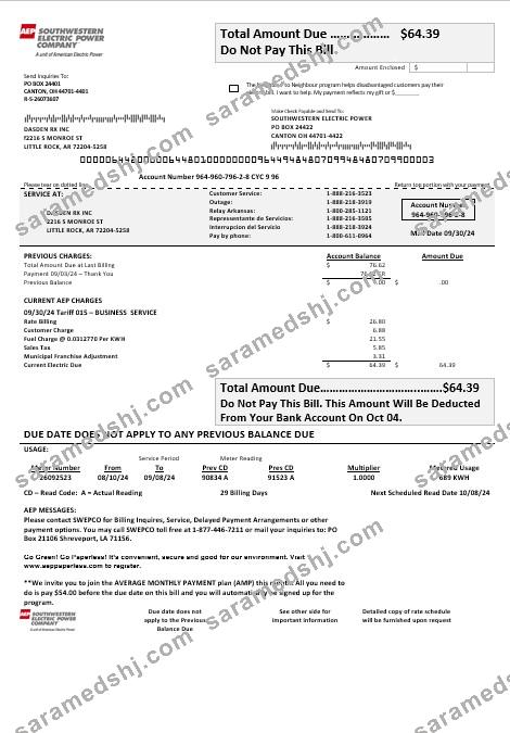 USA Louisiana AEP (Southwestern Electric Power Company) electricity business utility bill template in Word and PDF formats